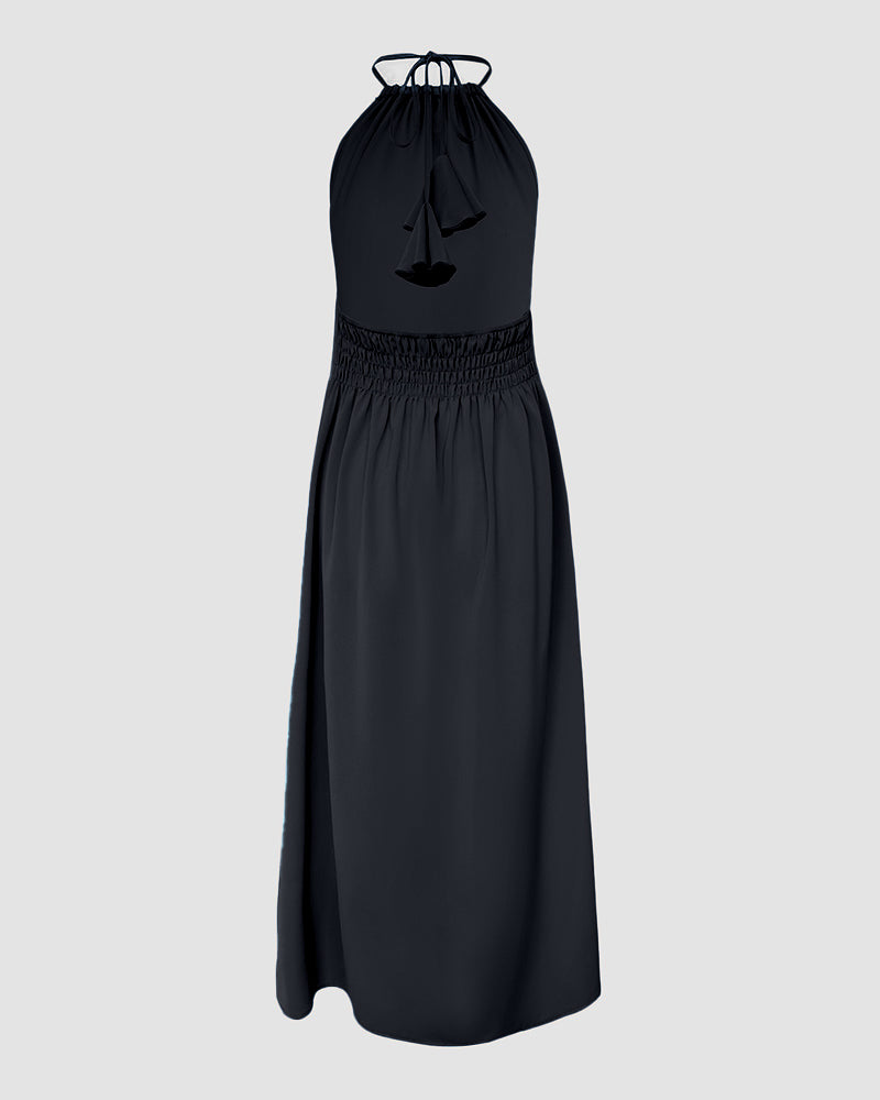 Halter Sleeveless Backless Maxi Dress Casual Shirred Back Side Slit Vacation Dress