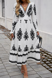 White Ethnic Geometric Print Long Sleeve V Neck Cinched Waist Maxi Dress