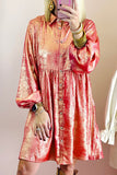 Peach Blossom Metallic Balloon Sleeve Shirt Plus Size Mini Dress