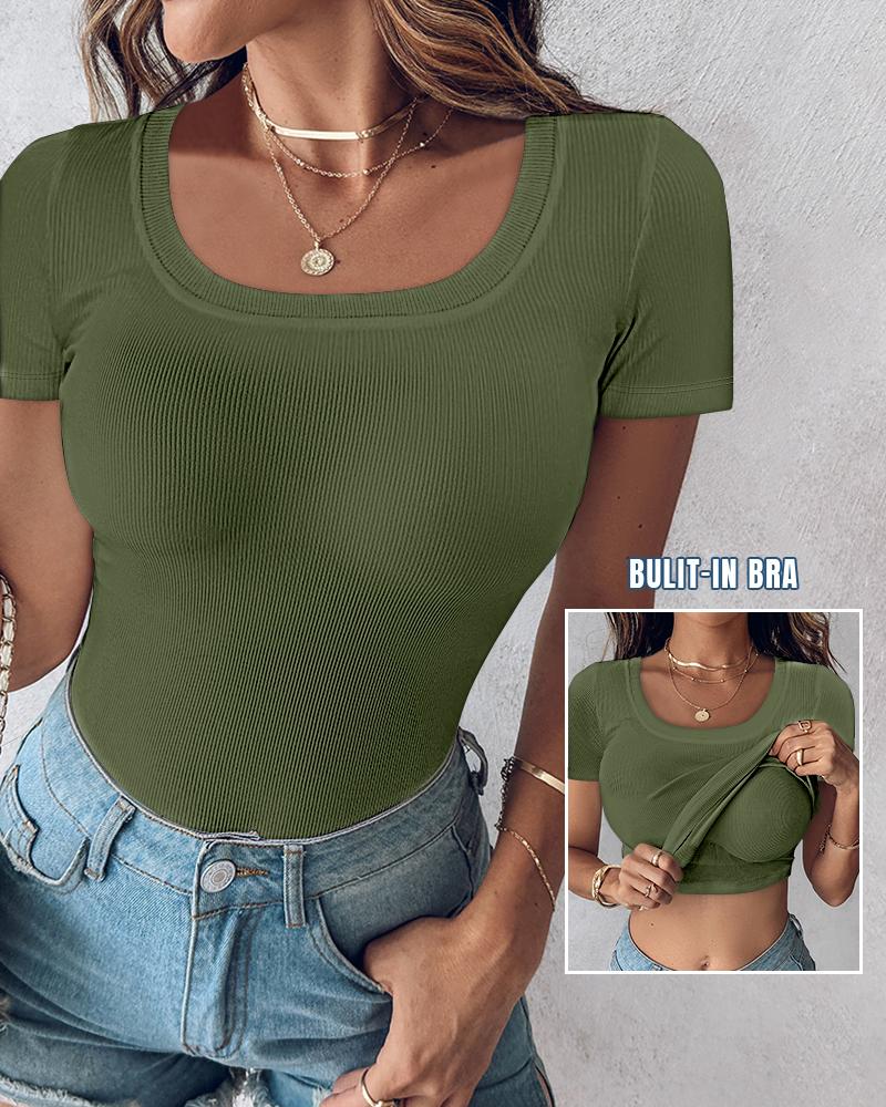 Built in Bra U neck Short Sleeve T shirt Rib knit Top
