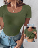Built in Bra U neck Short Sleeve T shirt Rib knit Top