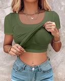Built in Bra U neck Short Sleeve T shirt Rib knit Top