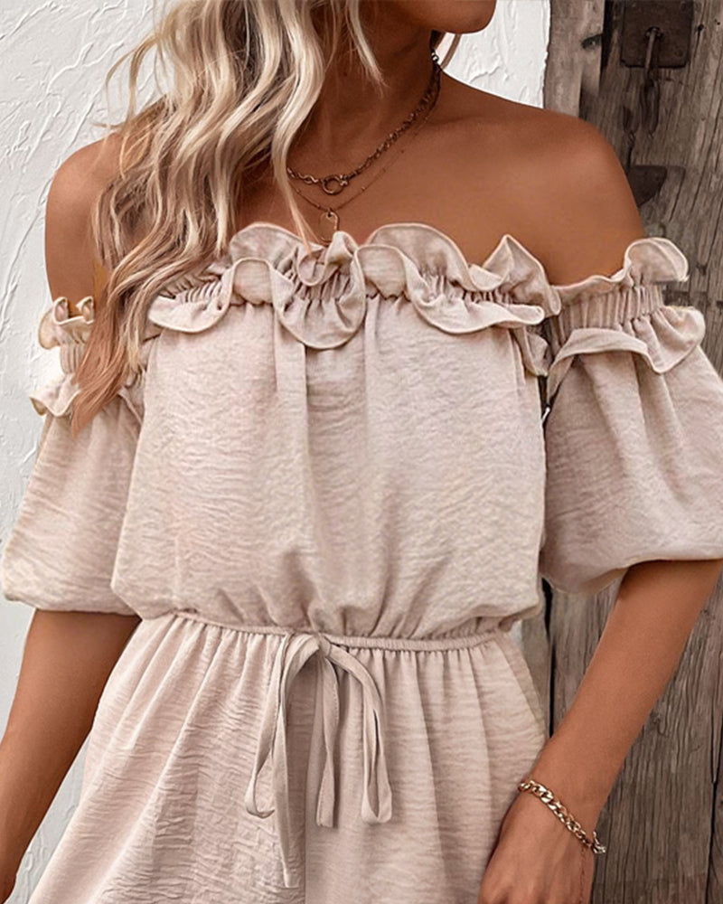 Off Shoulder Short Sleeve Frill Hem Tied Detail Romper