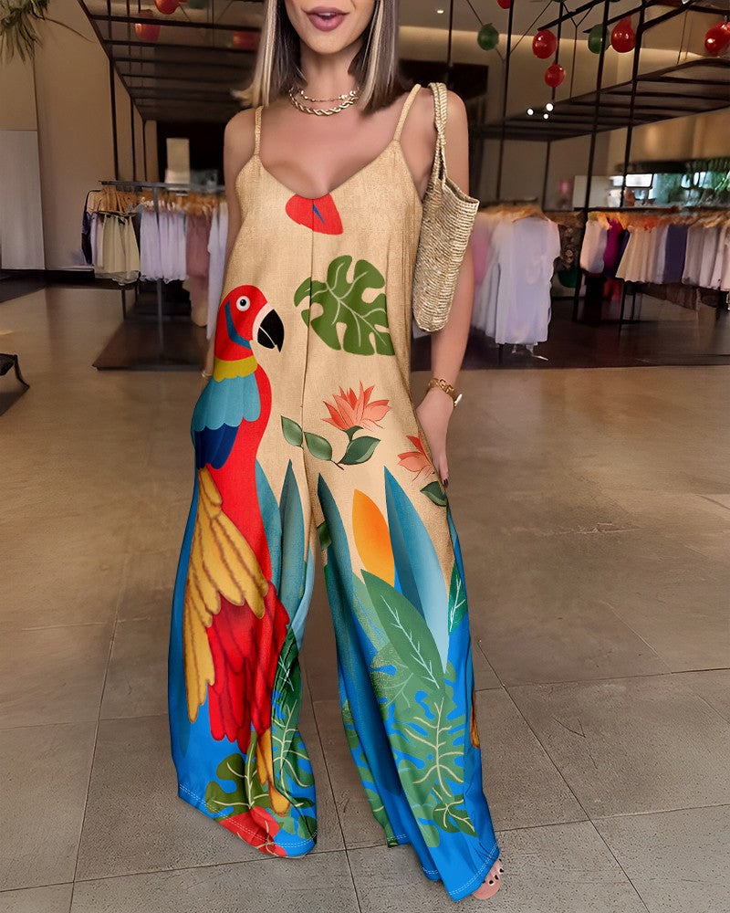 Plain Adjustable Strap Wide Leg Jumpsuit Casual Loose Fit Romper