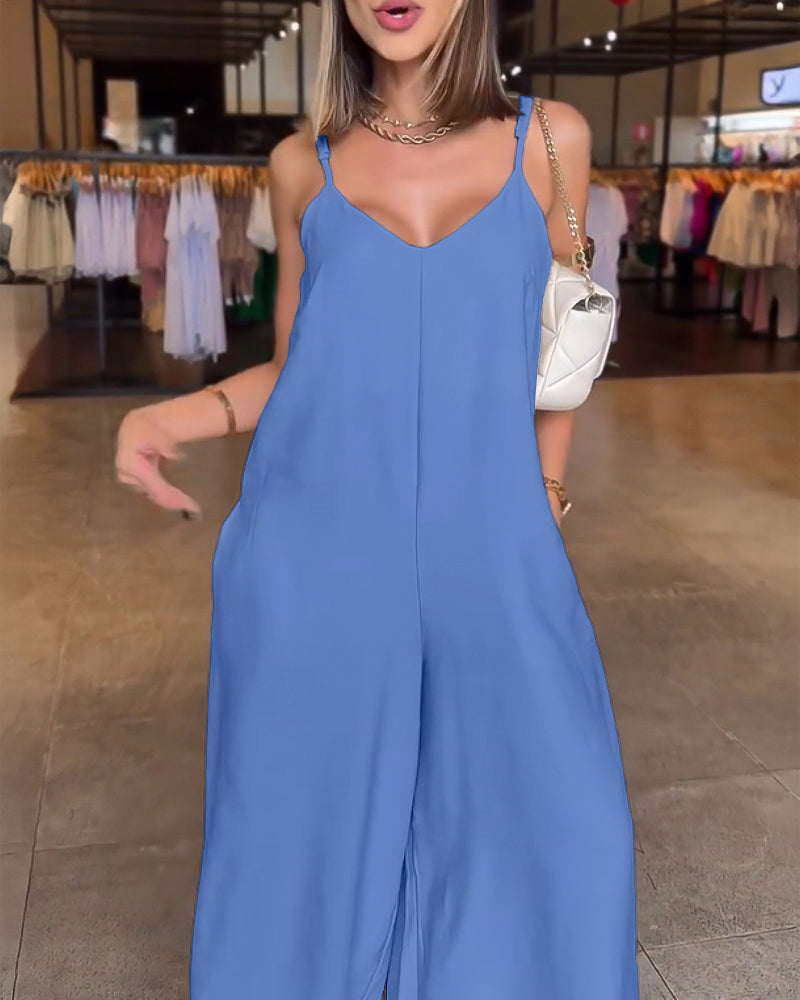 Plain Adjustable Strap Wide Leg Jumpsuit Casual Loose Fit Romper