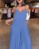 Plain Adjustable Strap Wide Leg Jumpsuit Casual Loose Fit Romper