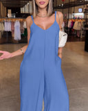 Plain Adjustable Strap Wide Leg Jumpsuit Casual Loose Fit Romper