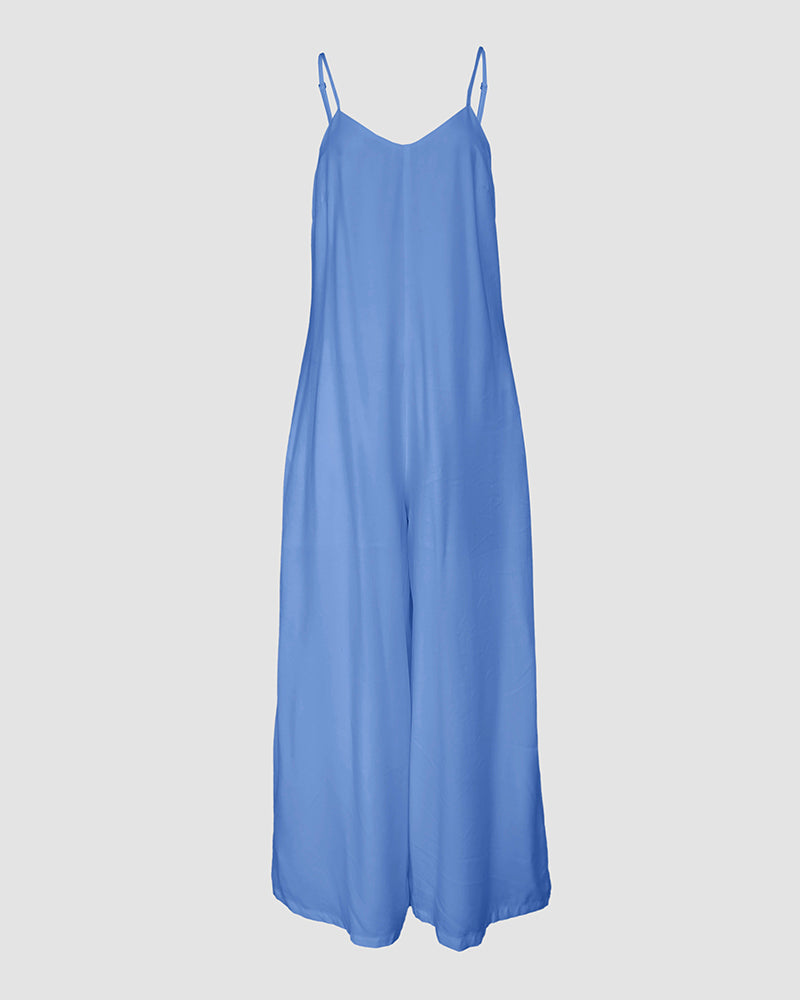 Plain Adjustable Strap Wide Leg Jumpsuit Casual Loose Fit Romper