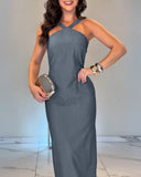 Halter Tied Detail Backless Slim Fit Dress Zipper Back Slit Maxi Dress