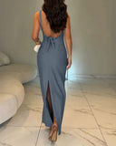 Halter Tied Detail Backless Slim Fit Dress Zipper Back Slit Maxi Dress