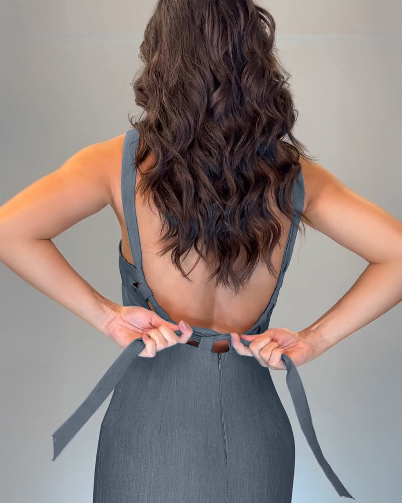 Halter Tied Detail Backless Slim Fit Dress Zipper Back Slit Maxi Dress