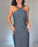 Halter Tied Detail Backless Slim Fit Dress Zipper Back Slit Maxi Dress