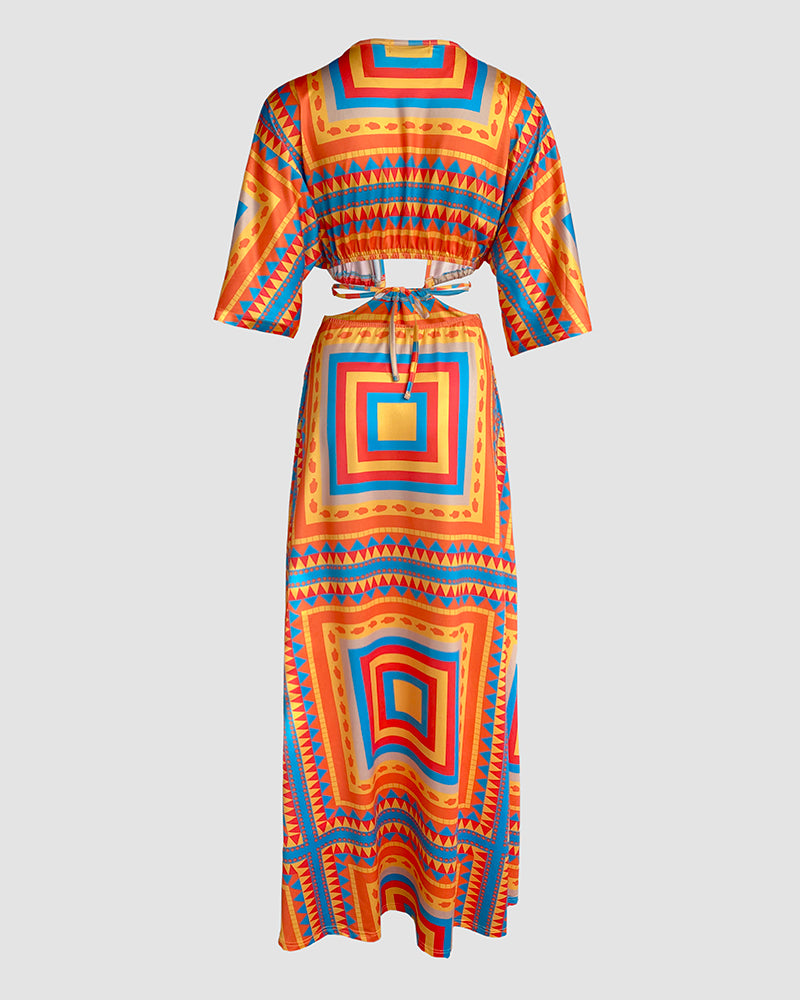 Tropical Print Plunge V Neck Waist Cutout Boho Maxi Dress Three Quarters Tied Detail Elastic Waist Back Vacation Dress