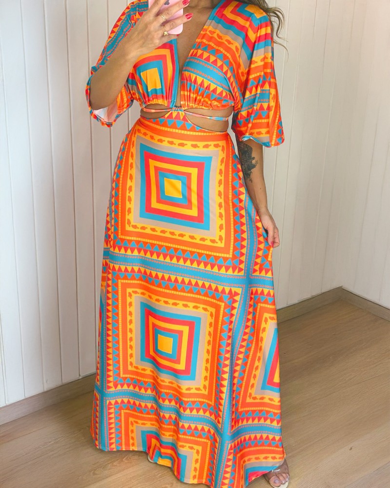 Tropical Print Plunge V Neck Waist Cutout Boho Maxi Dress Three Quarters Tied Detail Elastic Waist Back Vacation Dress