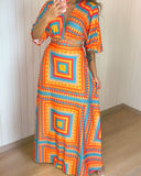 Tropical Print Plunge V Neck Waist Cutout Boho Maxi Dress Three Quarters Tied Detail Elastic Waist Back Vacation Dress