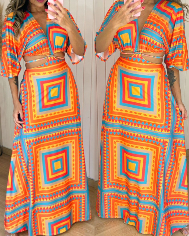 Tropical Print Plunge V Neck Waist Cutout Boho Maxi Dress Three Quarters Tied Detail Elastic Waist Back Vacation Dress