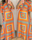 Tropical Print Plunge V Neck Waist Cutout Boho Maxi Dress Three Quarters Tied Detail Elastic Waist Back Vacation Dress