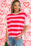Pink Stripe Patchwork Round Neck Side Split Loose T Shirt