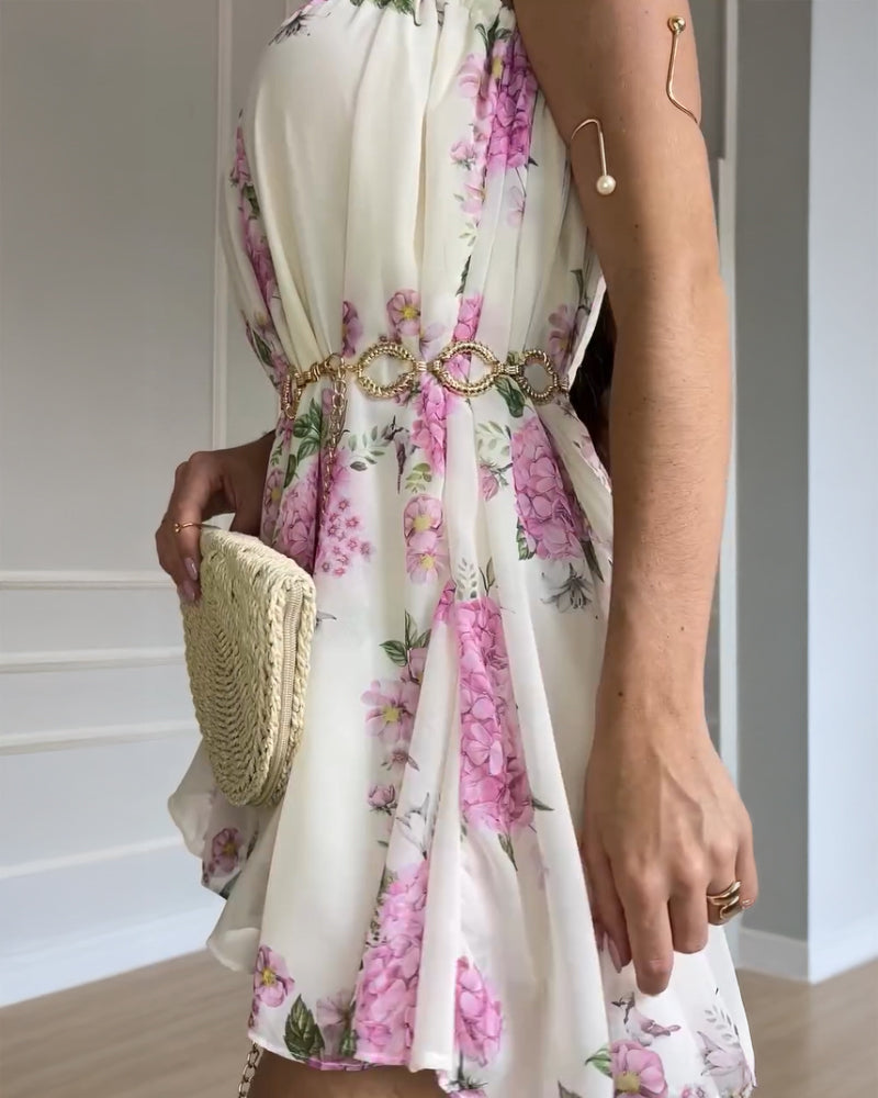 Floral Print Cold Shoulder Sleeveless Romper(With Belt)