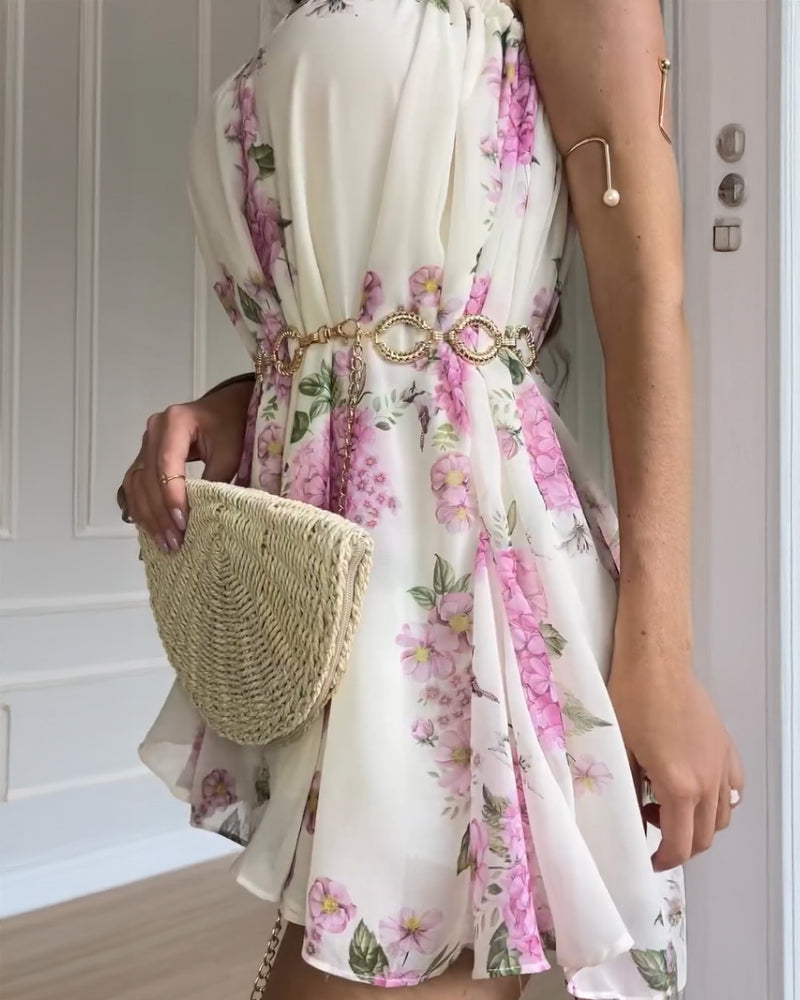 Floral Print Cold Shoulder Sleeveless Romper(With Belt)