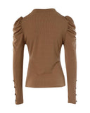 Puff Sleeve Button Decor Ribbed Top
