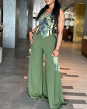 2 Pieces Outfit Ombre Print V Neck Sleeveless Vest and Casual High Waist Wide Leg Pants with Cargo Pockets