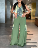 2 Pieces Outfit Ombre Print V Neck Sleeveless Vest and Casual High Waist Wide Leg Pants with Cargo Pockets