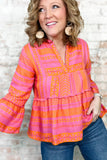 Vitality Orange Plus Size Geometric Embroidered Bell Sleeve Babydoll Blouse
