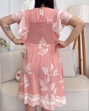 Tropical Print Round Neck Short Sleeve Shirred Dress