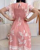 Tropical Print Round Neck Short Sleeve Shirred Dress