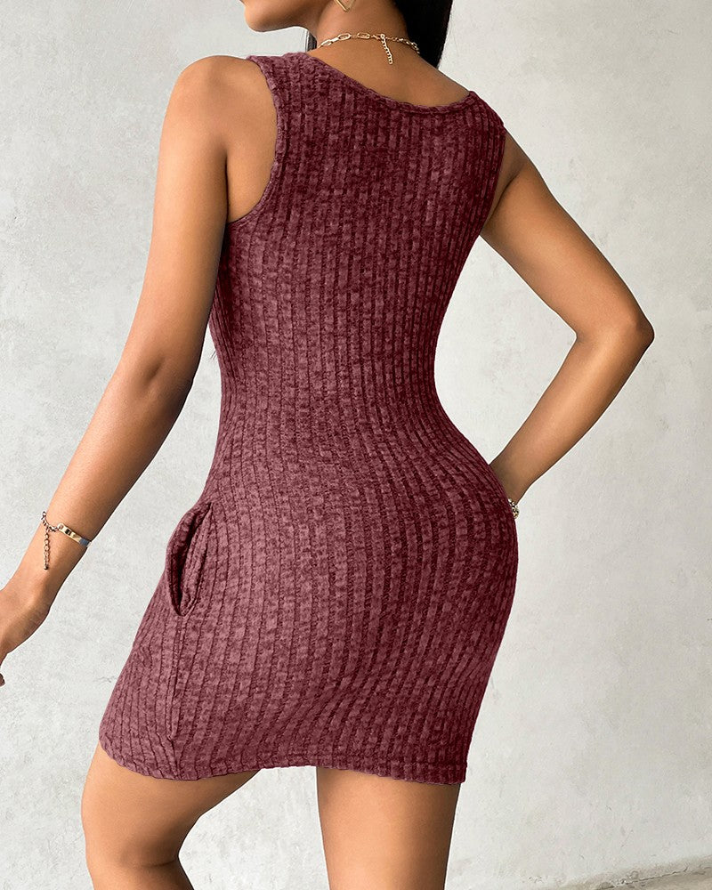 Pocket Design Ribbed Tank Dress Sleeveless Button Front Pullover Bodycon Mini Dresses