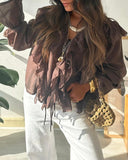 V Neck Lace Up Long Sleeve Blouse Casual Ruffles Design Chiffon Top