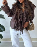 V Neck Lace Up Long Sleeve Blouse Casual Ruffles Design Chiffon Top