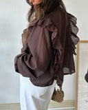 V Neck Lace Up Long Sleeve Blouse Casual Ruffles Design Chiffon Top
