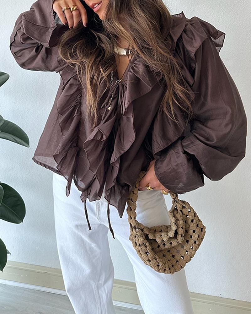 V Neck Lace Up Long Sleeve Blouse Casual Ruffles Design Chiffon Top