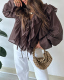 V Neck Lace Up Long Sleeve Blouse Casual Ruffles Design Chiffon Top