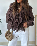 V Neck Lace Up Long Sleeve Blouse Casual Ruffles Design Chiffon Top