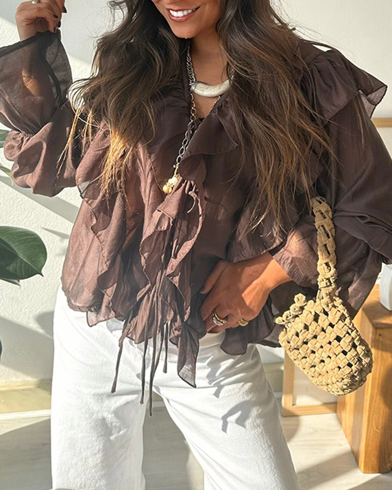 V Neck Lace Up Long Sleeve Blouse Casual Ruffles Design Chiffon Top