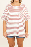 Pink Stripe Waffle Knit Pocketed Half Sleeve Plus Size T Shirt