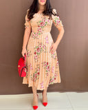 Floral Print Square Neck Waist Shirred Midi Dress Casual Puff Sleeve A Line Pleated Dress