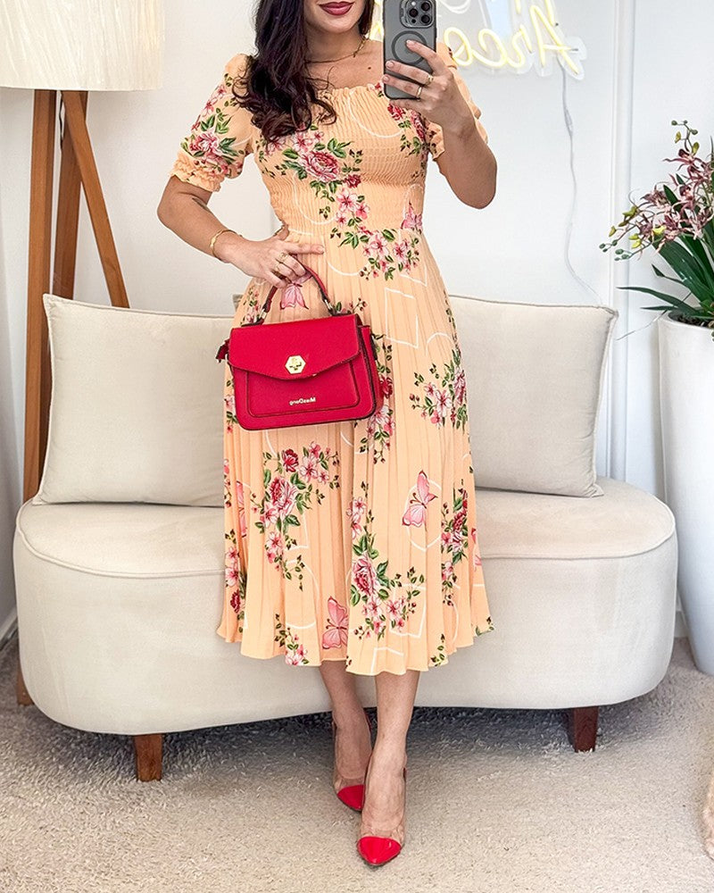 Floral Print Square Neck Waist Shirred Midi Dress Casual Puff Sleeve A Line Pleated Dress