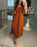 2 Pieces Outfit V Neck Sleeveless Shirred Drawstring Slit Top and Casual Elastic Waist Shorts Set