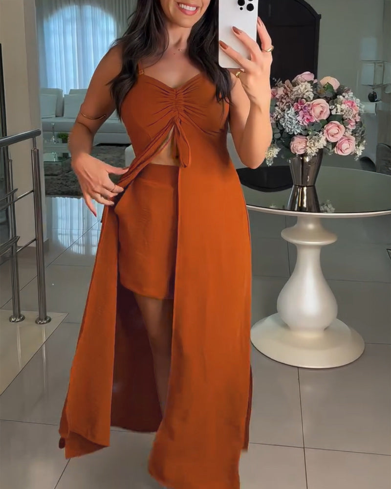 2 Pieces Outfit V Neck Sleeveless Shirred Drawstring Slit Top and Casual Elastic Waist Shorts Set