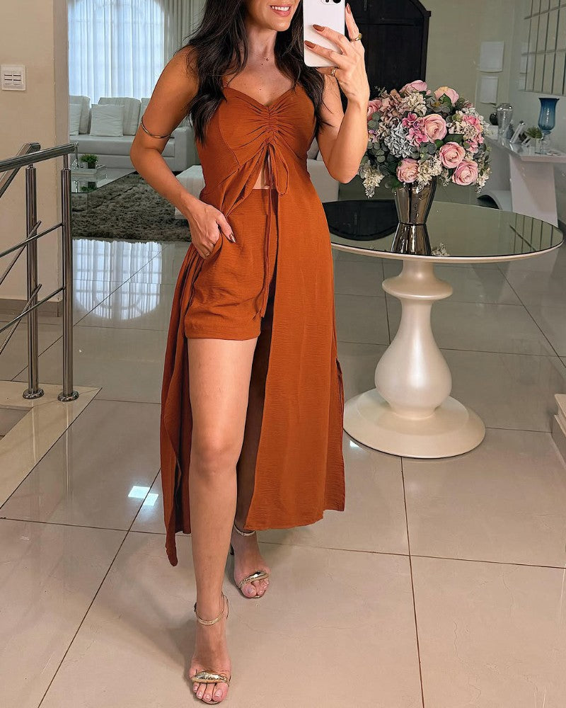 2 Pieces Outfit V Neck Sleeveless Shirred Drawstring Slit Top and Casual Elastic Waist Shorts Set