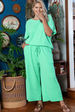 Black Textured Batwing Sleeve Tee Wide Leg Pants Plus Size Set