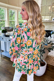 Green Floral Tied V Neck Long Sleeve Plus Size Babydoll Top