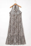 Brown Leopard Printed Halter Neck Backless Ruffled Hem Maxi Dress