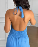 Halter Sleeveless Backless Maxi Dress Casual Shirred Back Side Slit Vacation Dress
