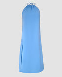 Halter Sleeveless Backless Maxi Dress Casual Shirred Back Side Slit Vacation Dress