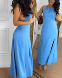 Halter Sleeveless Backless Maxi Dress Casual Shirred Back Side Slit Vacation Dress